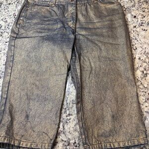 Women's Cropped Blue Jeans with a Gold Metallic Coating